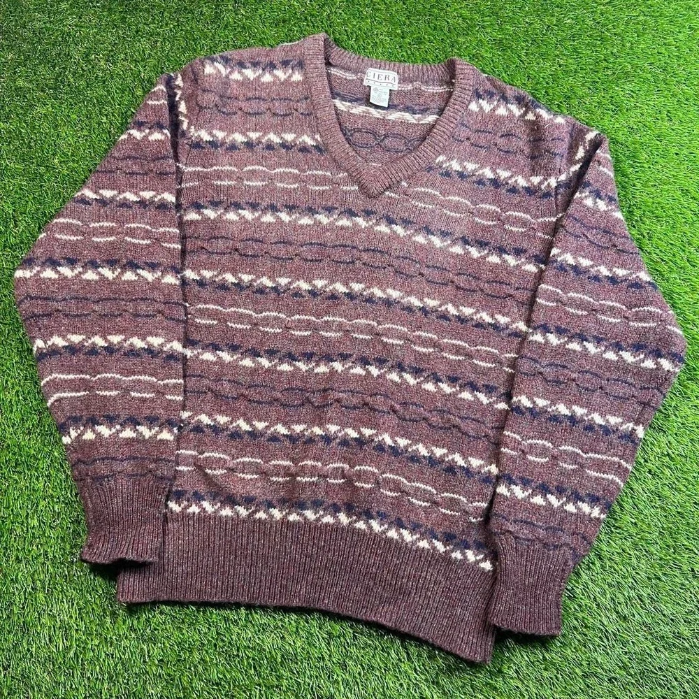 Vintage Ciera 100% Wool Nordic Fair Isle Sweater XL Brown Pink Gray 90s Knitwear